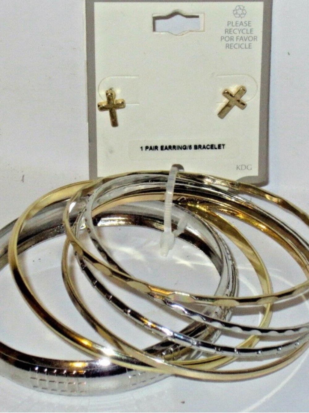 6 Bangle Bracelets & Crucifix Cross Pierced Earrings Gold Silver Tone